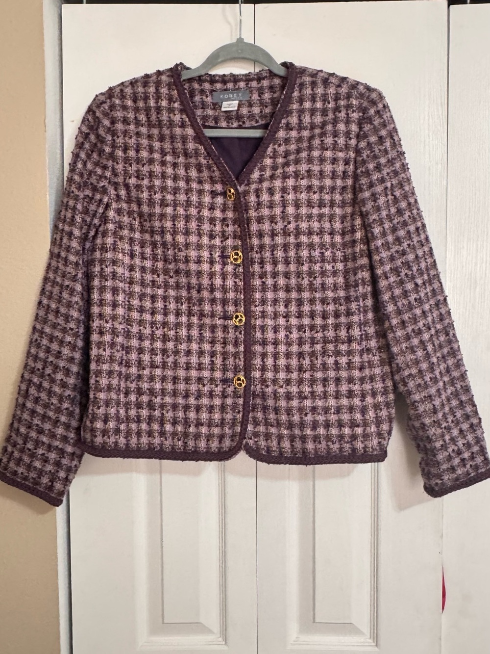 Koret Two-Tone Purple Plaid Tweed Blazer with Gold Buttons